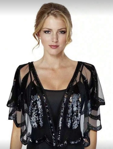 Black sequinned shawl cape - black, ,