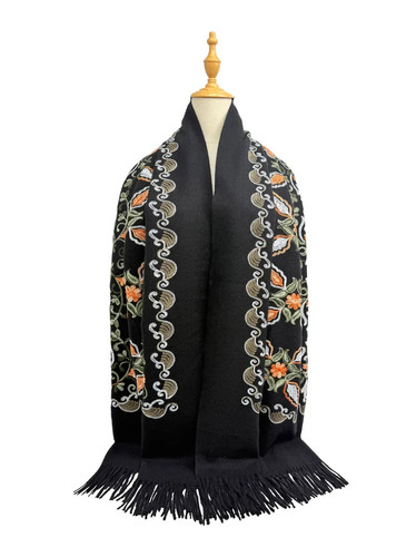 Embroidered black scarf shawl - black,